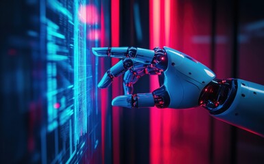 Poster - Futuristic robotic hand interacting with digital interface, showcasing advanced technology, artificial intelligence, and virtual environment in vivid neon colors