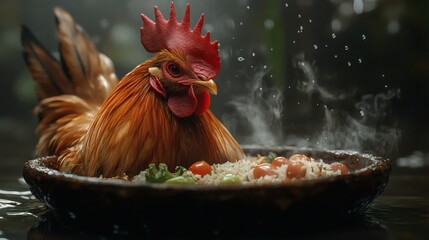 Poster - Hyperdetailed 3D rendering of featherless rooster calmly sitting in a rice and vegetable bowl steam gently rising with a dark softly blurred background for a realistic effect