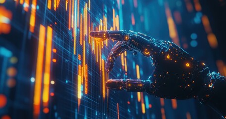 Poster - Futuristic robotic hand interacting with glowing data streams in a digital interface representing technology, cybersecurity, and artificial intelligence advancements