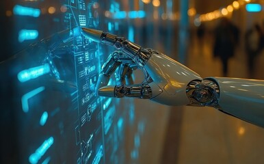 Aufkleber - Futuristic robotic hand interacting with glowing digital interface in a modern technological environment showcasing innovation and advanced solutions