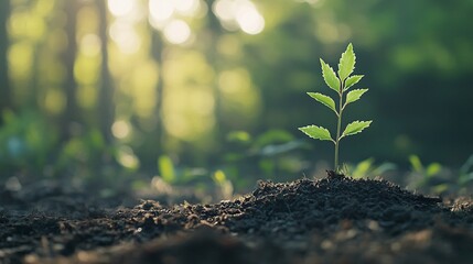 Wall Mural - A vibrant young sapling emerges from rich soil, bathed in the warm light of the rising sun within a lush forest environment.