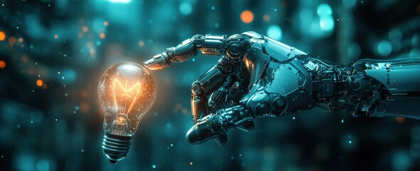Aufkleber - Futuristic robotic hand reaching for illuminated light bulb in a technological environment, symbolizing innovation and advanced artificial intelligence concepts