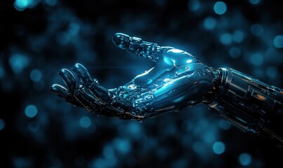 Poster - Futuristic robotic hand reaching out in a digital environment with a soft glowing backdrop and intricate mechanical details representing advanced technology concepts