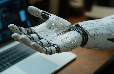 Poster - Futuristic robotic hand with intricate design and illumination gesture of innovation in technology close-up with blurred laptop background