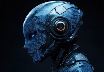 Poster - Futuristic robotic head with binary code patterns and glowing blue eyes, showcasing advanced technology and artificial intelligence concepts in a dark setting
