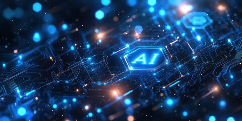 Aufkleber - Futuristic Technology Background with Glowing Circuitry and AI Elements for Digital Innovation and Artificial Intelligence Concepts