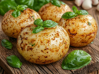 Wall Mural - Roasted potatoes, herbs, wooden board, rustic kitchen