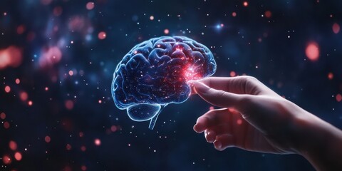 Poster - Hand Gently Touching a Glowing Human Brain, Emphasizing Neural Connections and Cognitive Science in a Cosmic Background of Stars and Particles