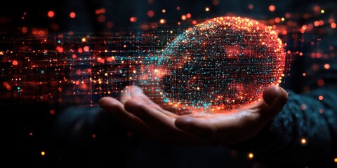 Poster - Hand Holding Abstract Digital Egg with Bright Particles and Light Trails in a Dark Background Representing Innovation and Technology Concepts