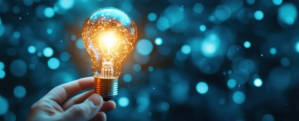 Poster - Hand Holding Light Bulb Illuminating with Sparkling Particles Against a Blurred Blue Bokeh Background Creating a Magical and Bright Atmosphere