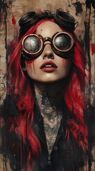 Poster - Hyperdetailed portrait of rebellious redhaired woman with metallic tattoos wearing steampunk goggles surrounded by splashes of black and red paint set against a gritty urban cyberpunk backdrop