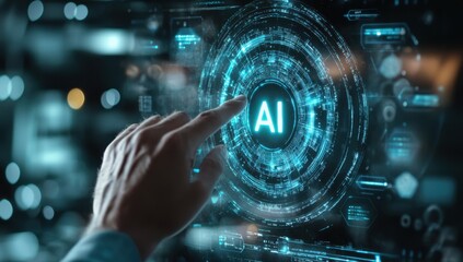 Poster - Hand Interacting with Futuristic Digital Interface Featuring AI Technology and Data Visualization in a Modern Tech Environment