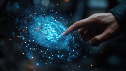 Poster - Hand Reaching Out to Touch a Glowing Digital Galaxy with Stars and Cosmic Elements in a Vibrant, Futuristic Setting