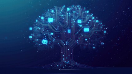 Digital tree glowing, network connections, dark background, data visualization, tech concept