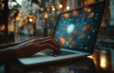 Aufkleber - Hands typing on a laptop with a glowing digital interface showcasing data visualization and technology concepts in a cozy atmosphere