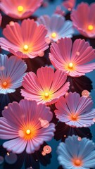 Poster - A close up of pink and white flowers with lights on them. The flowers are arranged in a row