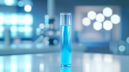 Wall Mural - A single glass test tube filled with bright blue liquid, standing on a pristine white laboratory table, illuminated by soft lighting in a minimalistic, monochromatic lab setting.