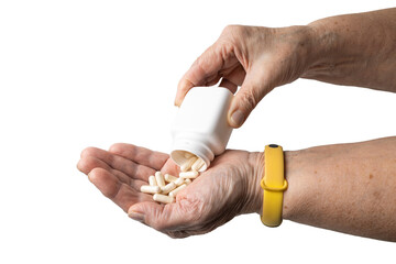 Wall Mural - Senior female hand pouring white medicine capsules from a plastic bottle into a palm, antibiotic pills, vitamins, painkillers, isolated on a transparent background. Healthcare and treatment concept