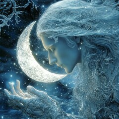 Poster - Hyperrealistic image of celestial entity with silver hair like flowing rivers adorned with frost patterns glistening under starlight A crescent moon cradles in their palm set against a cosmic backdrop