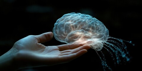 Poster - Human Hand Holding Ethereal Glow of Creative Brain with Streams of Light and Particles in a Mystical, Abstract Artistic Concept of Intelligence and Innovation