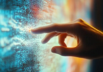 Poster - Human Hand Reaching Towards Interactive Digital Display with Colorful Lights and Abstract Patterns for Innovative Technology Themes and Concepts