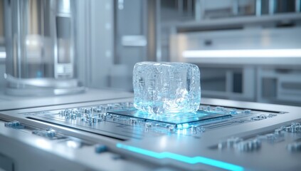 Aufkleber - Ice Cube on Circuit Board in Futuristic Laboratory Setting with Glowing Elements and Soft Focus Background for Technology and Innovation Themes