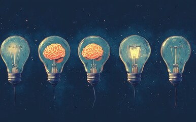 Poster - Illustrative representation of innovation and creativity with light bulbs featuring a brain and drawings, symbolizing ideas and inspiration in a cosmic background