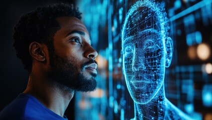 Poster - Individual Analyzing Digital Human Face Projection in Futuristic Environment, Representing Technology, Artificial Intelligence and Human Interaction Dynamics