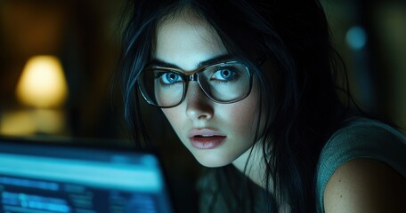 Aufkleber - Intense Focus of a Young Woman Wearing Glasses While Working Late at Night in a Dimly Lit Room with a Computer Screen Glowing in Front of Her