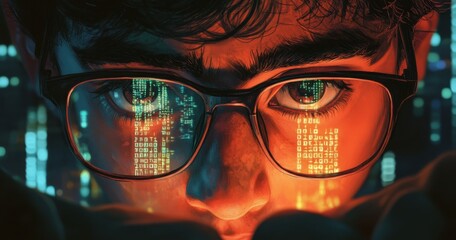 Poster - Intense Focus on Code: Young Programmer Analyzes Data in Neon-Lit Environment with Binary Reflections in Glasses
