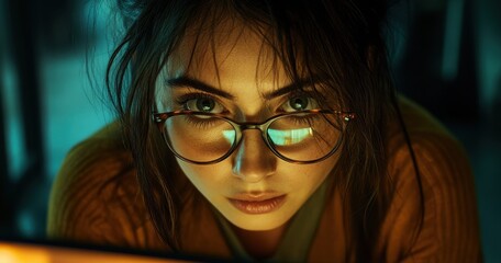 Poster - Intense Portrait of a Young Woman with Glasses Gazing Thoughtfully at a Computer Screen in a Dimly Lit Room with a Blue Tinge and Subtle Reflections
