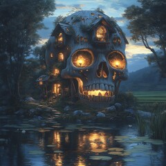 Poster - Hyperrealistic skullshaped building made aged wood glowing eye sockets floating atop a lily pad on tranquil waters Surrounding rice paddies and twilight reflections add to the peaceful detailed scene