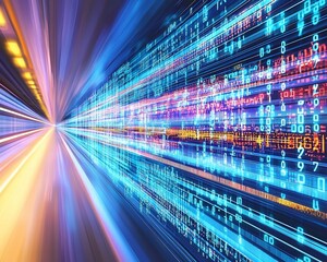 Poster - Data stream tunnel, fast speed, digital flow, futuristic background, tech concept