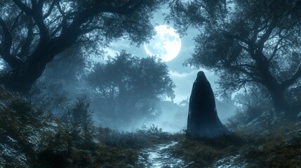 Poster - The heart of a haunting forest illuminated by a full moon a ghost with glowing eyes moves silently Twisted trees surround her and an overwhelming sense of danger fills the hyperreal 3D scene