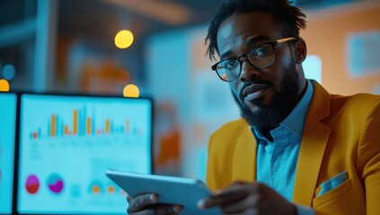 Aufkleber - Professional man in stylish suit holding tablet with confident expression, analyzing data in modern office with vibrant lighting and digital displays