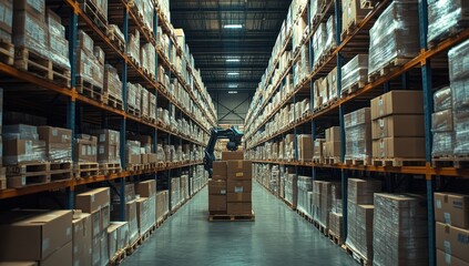 Poster - Robotic Arm Stacking Boxes in a Warehouse Aisle, Industrial Automation and Logistics Technology Concept, Efficient Supply Chain Operations