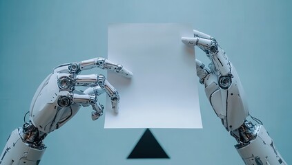 Poster - Robotic Hands Holding Blank White Paper Against Simple Background with Geometric Shape for Concept of Technology and Artificial Intelligence