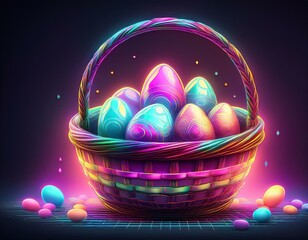 Wall Mural - A neon-style digital illustration of an Easter basket filled with glowing pastel eggs, creating a vibrant and colorful visual with a modern, festive touch.
