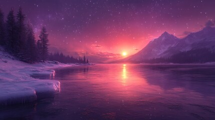 Poster - The quiet twilight constellations twinkle in a mystical purple sky The water mirrors the horizon's fading sun and ice effects sharpen the reflections while luminescent lights dance across the scene