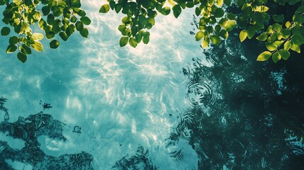 Wall Mural - Serene Reflections in Teal Water Sunlight Filtering Through Lush Green Leaves