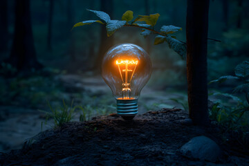 Glowing bulb in dark forest path. Inspiration concept