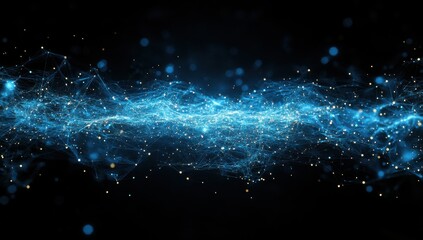 Poster - Stunning blue digital abstract background showcasing glowing particles and intricate lines against a dark space, perfect for technology and science themes