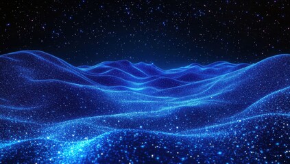 Poster - Stunning Blue Waves of Light and Stars in a Night Sky, Abstract Digital Background, Cosmic Atmosphere, Fantasy Illumination, Depth and Movement