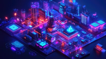 Poster - A 3D blueprint of a smart city, with sensors and IoT devices illustrated, showing interconnected systems that enhance urban living and efficiency. f
