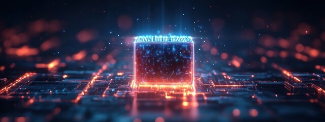 Poster - Futuristic Digital Landscape with AI Chip in Cyberpunk Style Featuring Circuit Lines and Neon Accents