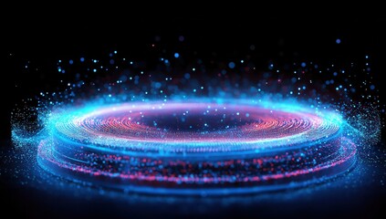 Poster - Vibrant Abstract Digital Background with Glowing Particles and Circular Light Effects in Blue and Pink Colors for Creative Design Projects