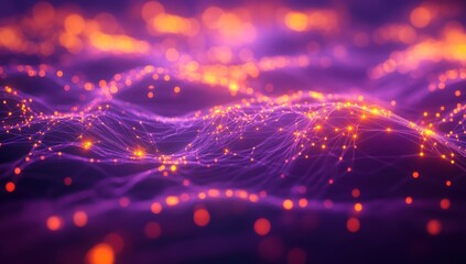 Poster - Vibrant Abstract Data Waves with Glowing Connections and Dynamic Flow in Purple and Orange Colors to Represent Technology and Innovation Concepts