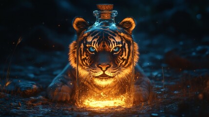 Poster - Inside clear glass bottle a charming tiger with vivid eyes is set against a dark desert landscape The detailed textures and cinematic lighting emphasize the 4k resolution and surrealism