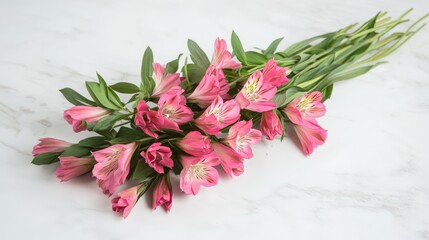 Poster - A beautiful bunch of pink alstroemeria flowers on a light background, their vibrant hues creating a fresh, feminine look perfect for floral presentations.