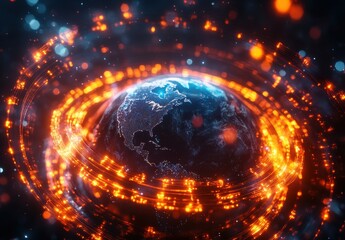 Poster - Vibrant Glow of Earth Surrounded by Blue and Orange Light Trails in a Dynamic Digital Universe